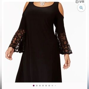 R & M Richards Black cold shoulder Midi Dress with Lace Embellished Bell Sleeves
